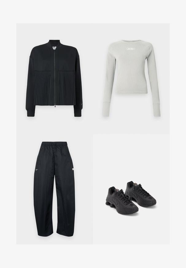 Schwarze Jacke mit einem Reißverschluss vorne, bestehend aus einem glatten oberen Abschnitt und einem gefältelten unteren Abschnitt. Hergestellt aus weichem, dehnbarem Material.; Hellgraues, geripptes Langarmshirt mit tailliertem Schnitt und kleinem weißen "jordan"-Logo, das in der Mitte der Brust sitzt.; Schwarze, locker sitzende Trainingshose aus leichtem Material. Verfügt über einen elastischen Bund, verstellbaren Kordelzug und Logoakzente.; Schwarze Sportschuhe mit einem glatten synthetischen Obermaterial, strukturierten Akzenten, Schnürdesign und sichtbarer Federung im Fersenbereich.