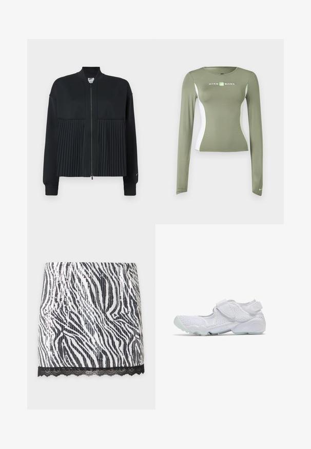 Mustvalge jope, millel on lukuga esiosa, sujuva ülemise osa ja volditud alumine osa. Koostatud pehmest ja venitavast materjalist.; Õlivärvi rohelise pika varrukaga Nike Shox topp, valgete külgpaneelide ja neoonroheliste aktsentidega, keha järgiva lõikega ning väikese Swooshi logoga varruka mansetil.; Mustvalge sebratrükiga miniseelik, mille ääres must pits, litrid ning esitletud ühtlasel taustal.; Valge võimlemisjalanõu võrkmaterjalist pealsega, Velcro rihmaga jalapeal, polsterdatud tallaga, millel on silt "AIR,", vaadatud küljelt valgel taustal.