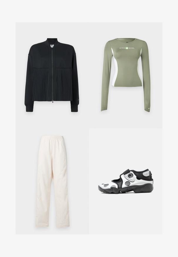 Zwarte jas met een ritssluiting aan de voorkant, met een glad bovenste gedeelte en een geplooid ondergedeelte. Gemaakt van een zachte, rekbare stof.; Olivengroen Nike Shox shirt met lange mouwen, witte zijpanelen en neon groene accenten, nauwsluitende pasvorm, en een klein Swoosh-logo op de mouwboord.; Loszittende, crèmekleurige broek met elastische taille en een rechte pijp, weergegeven tegen een effen witte achtergrond.; Zwart-witte slip-on sportschoen met grote polkadots, verstelbare band en dikke gevoerde zool met de markering "AIR".
