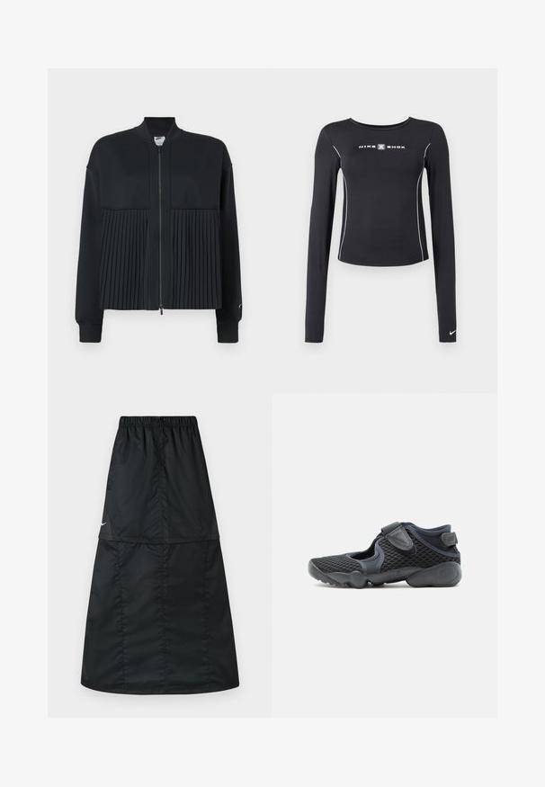 Schwarze Jacke mit einem Reißverschluss vorne, bestehend aus einem glatten oberen Abschnitt und einem gefältelten unteren Abschnitt. Hergestellt aus weichem, dehnbarem Material.; Schwarzes langärmeliges Sportoberteil mit abgerundetem Ausschnitt, schlanker Passform, weißer Akzentnaht und "NIKE SHOX" Logo in der Mitte.; Schwarzer sportlicher Rock aus leichtem, glattem Nylonstoff. Verfügt über einen elastischen Bund und ein schlichtes, langes, A-förmiges Design.; Schwarzer Sportschuh mit Mesh-Obermaterial, zwei verstellbaren Klettverschlüssen und gepolsterter Sohle, die für Komfort und Flexibilität entwickelt wurde.