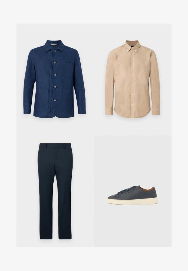 Mørkeblå linned skjortejakke med en lige krave, fem knapper, en brystlomme og to forlommer. Glat tekstur og enkelt design.; Beige langærmet skjorte med knapper, knaplukning ved kraven og lille broderet logo på venstre bryst.; Marineblå skræddersyede bukser med struktureret stof, lige ben-design og en frontfold. Har bæltestropper og en glat talje.; Marineblå lædersneaker med en cremefarvet sål, der har snørelukning, rund tå og minimalistiske designelementer, herunder tonale accenter.