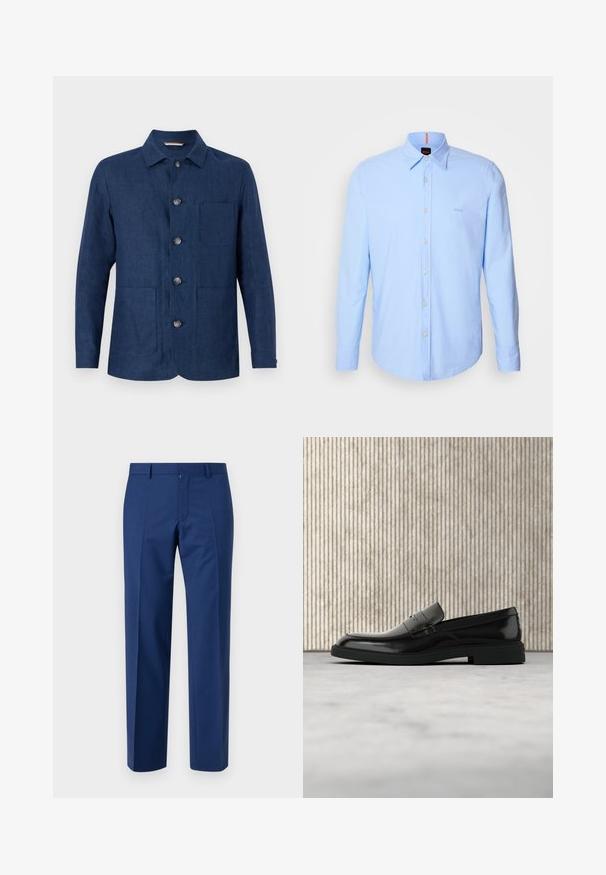 Marineblaue Leinenhemdjacke mit geradem Kragen, fünf Knöpfen, einer Brusttasche und zwei Fronttaschen. Glatte Textur und schlichtes Design.; Helles blaues Langarmhemd aus Baumwolle, mit einem Button-Down-Kragen, Knopfleiste und dezentem Logo-Stick auf der Brust.; Marineblaue Hose mit gerade geschnittenem Bein, flachem Vorderteil, subtiler Textur, Gürtelschlaufen und Reißverschluss.; Schwarzer, polierter Lederloafer, der über einem beigen Teppich schwebt, mit orangener, durchscheinender Möbel im Hintergrund.