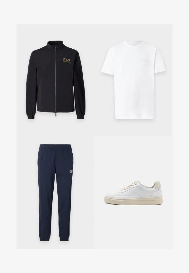 Veste softshell noire avec un col montant, fermeture éclair à l'avant et deux poches latérales. Présente un logo EA7 Emporio Armani doré sur la poitrine.; T-shirt en coton blanc à manches courtes, encolure ronde, présentant un imprimé logo gris subtil sur la zone gauche de la poitrine et une texture lisse.; Pantalons de survêtement bleu marine avec une taille élastique et des poignets. Comprend un petit logo blanc sur la jambe gauche. Fabriqué à partir d'un matériau doux et extensible.; Sneaker blanche avec un dessus en cuir lisse, des lacets beige et un onglet de talon en daim beige texturé. Semelle surélevée pour une hauteur supplémentaire.