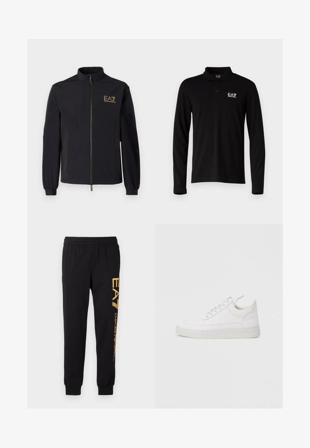Veste softshell noire avec un col montant, fermeture éclair à l'avant et deux poches latérales. Présente un logo EA7 Emporio Armani doré sur la poitrine.; Polo-shirt à manches longues noir en coton, avec une patte de boutonnage à trois boutons et un logo brodé blanc sur le côté gauche de la poitrine.; Pantalons de survêtement noirs en tissu doux, avec une taille élastique et des chevilles resserrées. Marquage jaune imprimé verticalement sur la jambe gauche.; Baskets en cuir blanc avec un embout arrondi, une semelle plate et un laçage à l'avant. Présentent des détails de couture et un col rembourré pour plus de confort.