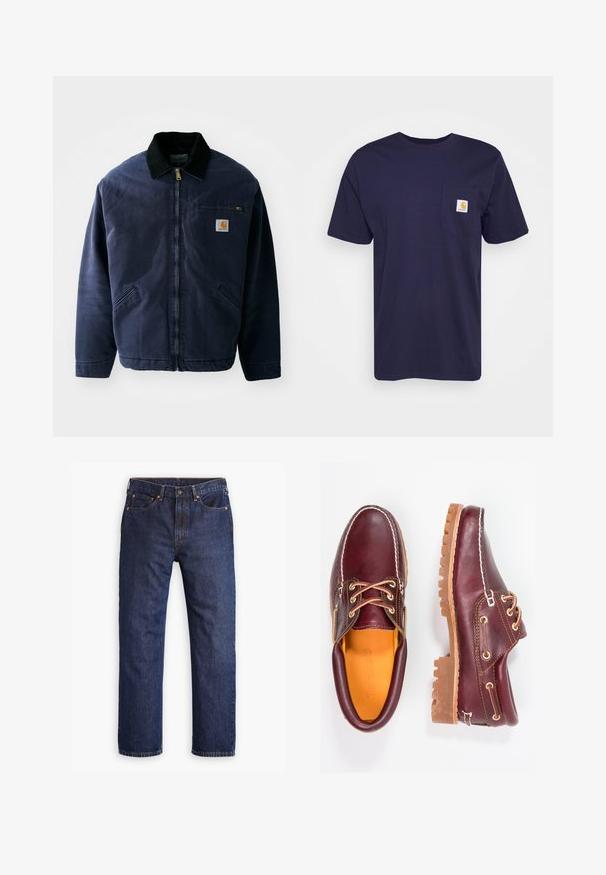 Chaqueta de trabajo azul marino con un collar de pana negro, cierre frontal, bolsillo en el pecho y dos bolsillos laterales. Tejido suave con un corte estructurado.; Camiseta de algodón azul marino con mangas cortas, cuello redondo y bolsillo en el pecho izquierdo que presenta un logo de Carhartt bordado en amarillo y blanco.; Vaqueros de mezclilla rectos de color azul oscuro con botón frontal, cremallera, cinco bolsillos y detalles en remaches de cobre.; Zapatos de cuero burdeos con suelas de goma marrón, puntera redonda, costuras blancas y ojales dorados. El interior cuenta con un forro amarillo.