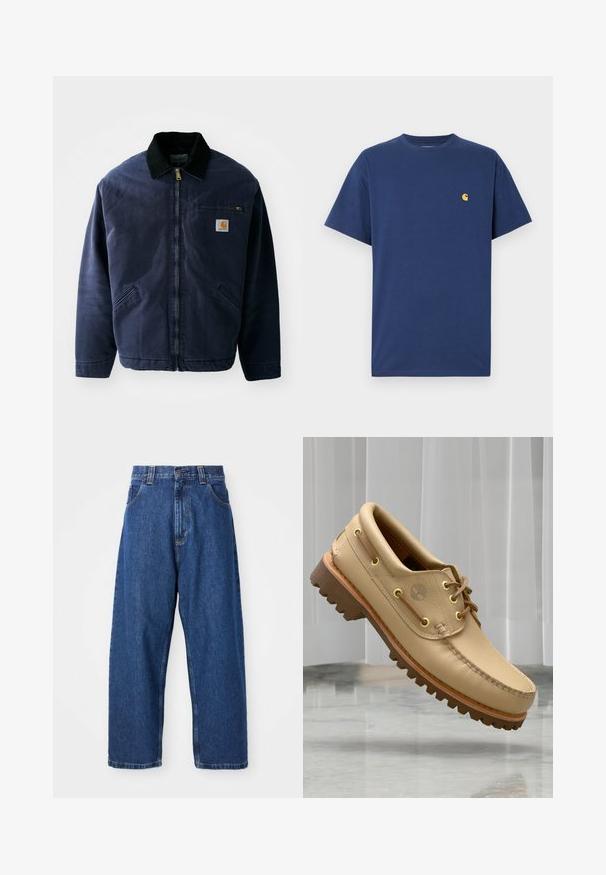 Chaqueta de trabajo azul marino con un collar de pana negro, cierre frontal, bolsillo en el pecho y dos bolsillos laterales. Tejido suave con un corte estructurado.; Camiseta de algodón azul marino con mangas cortas, cuello redondo y un pequeño logo amarillo en el lado izquierdo del pecho. Textura suave, corte relajado.; Jeans de pierna ancha de denim en azul oscuro. Presentan una cintura alta, trabillas para cinturón y un diseño clásico de cinco bolsillos. Bajo cosido con un acabado limpio.; Zapato náutico de cuero marrón claro con suela gruesa y estriada y detalles de cordones, flotando sobre un suelo de mármol y un fondo de persianas verticales blancas.