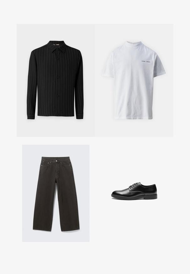 Veste noire avec des rayures verticales en rouge foncé, dotée d'un col, d'une fermeture à boutons et de manches longues. Fabriquée en tissu lisse.; T-shirt en coton blanc avec un col haut et des manches courtes. Présente le logo "SAMSØE SAMSØE" en noir sur le devant. Texture lisse.; Des jeans en denim noir à jambe large présentent une taille haute, un design à cinq poches et une fermeture à bouton. Le tissu a une finition douce et texturée.; Chaussure habillée en cuir noir avec une finition lisse, bout arrondi, design à lacets à six œillets et semelle plate en caoutchouc.