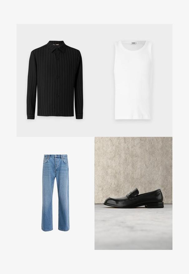 Schwarze Jacke mit vertikalen dunkelroten Streifen, mit Kragen, Knopfverschluss und langen Ärmeln. Hergestellt aus einem glatten Stoff.; Weißes Baumwoll-Tanktop ohne Ärmel mit Rundhalsausschnitt und glatter Textur. Einfaches Design, ohne Muster oder Akzente.; Helle blaue Jeans im Geradeschnitt-Design, mit fünf Taschen, Knopfverschluss, minimaler Ausbleichung und kontrastierenden Nähdetails.; Schwarzer Leder-Loafer mit Metallakzent, der schwebend über einem beigen Teppich präsentiert wird, im Hintergrund ein runder, bernsteinfarbener Tisch.