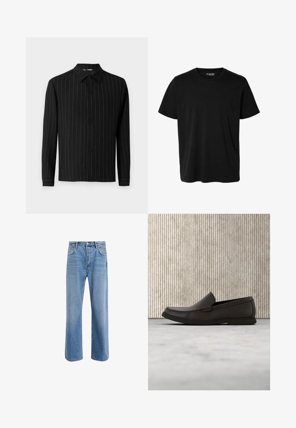 Schwarze Jacke mit vertikalen dunkelroten Streifen, mit Kragen, Knopfverschluss und langen Ärmeln. Hergestellt aus einem glatten Stoff.; Schlichtes schwarzes T-Shirt mit kurzen Ärmeln und Rundhalsausschnitt in Herrenform, ohne sichtbare Muster oder Logos auf der Vorderseite.; Helle blaue Jeans im Geradeschnitt-Design, mit fünf Taschen, Knopfverschluss, minimaler Ausbleichung und kontrastierenden Nähdetails.; Dunkelbraune Lederloafer mit einer runden Zehenpartie, dezenten Nähdetails und einer niedrigen Gummisohle. Glatte Textur mit flexibler Passform.