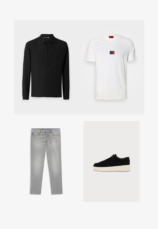 Veste noire avec des rayures verticales en rouge foncé, dotée d'un col, d'une fermeture à boutons et de manches longues. Fabriquée en tissu lisse.; T-shirt blanc en coton avec un petit logo rectangulaire rouge et noir centré sur la poitrine. Manches courtes, col rond.; Jean gris clair à jambes droites avec poches avant, passants de ceinture et fermeture par bouton, présenté à plat sur un fond blanc.; Chaussure en daim noir à lacets avec une semelle blanche épaisse, hauteur basse à la cheville et couture minimale sur un fond clair.