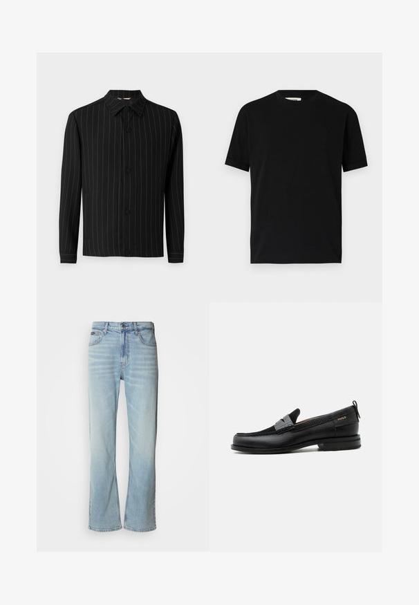 Schwarze Jacke mit vertikalen dunkelroten Streifen, mit Kragen, Knopfverschluss und langen Ärmeln. Hergestellt aus einem glatten Stoff.; Schwarzes kurzärmliges T-Shirt aus Baumwolle mit Rundhalsausschnitt und lockerer Passform. Sanfte Textur, keine Muster oder sichtbaren Logos.; Hellblaue Jeans aus Denim mit geradem Bein, ausgestattet mit fünf Taschen, einem Knopfverschluss und subtilen Verwaschungen im Stoff.; Schwarzer Lederloafer mit grauem Riemendetail, niedrigem Absatz und strukturierter Sohle, seitlich mit „HUGO“ in Gold gebrandmarkt.