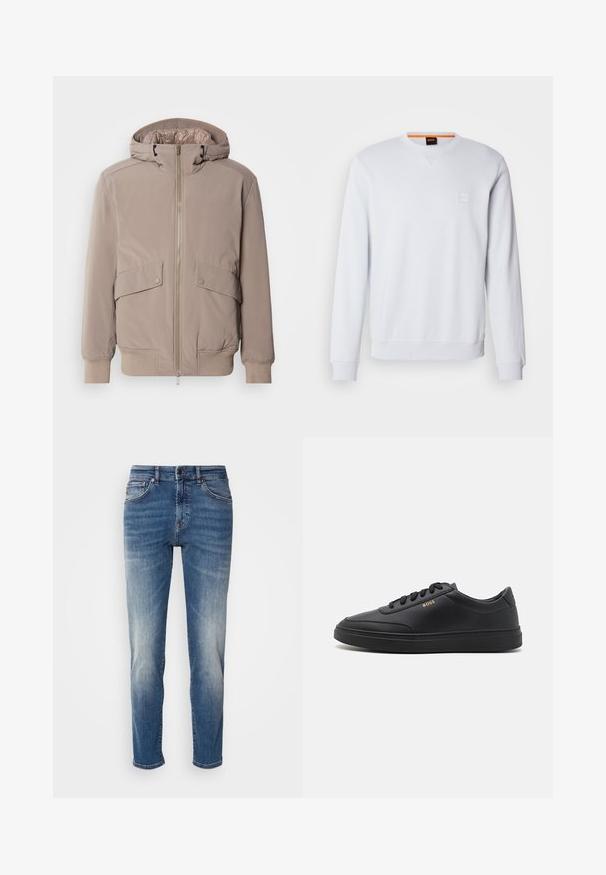 Veste bomber beige clair avec fermeture éclair à l'avant, deux poches avant et une capuche. Présente des poignets et un ourlet côtelés, finition en tissu lisse.; Sweat-shirt blanc à manches longues, col rond, avec un logo discrètement brodé. Texture lisse et poignets et ourlet côtelés pour un look ajusté.; Jean en denim bleu avec une coupe droite, des décolorations légères, un style classique à cinq poches et une fermeture éclair avec bouton.; Baskets en cuir noir avec une texture lisse, bout rond, semelle en caoutchouc plate et lacets ton sur ton. Présente une marque "BOSS" dorée sur le côté.