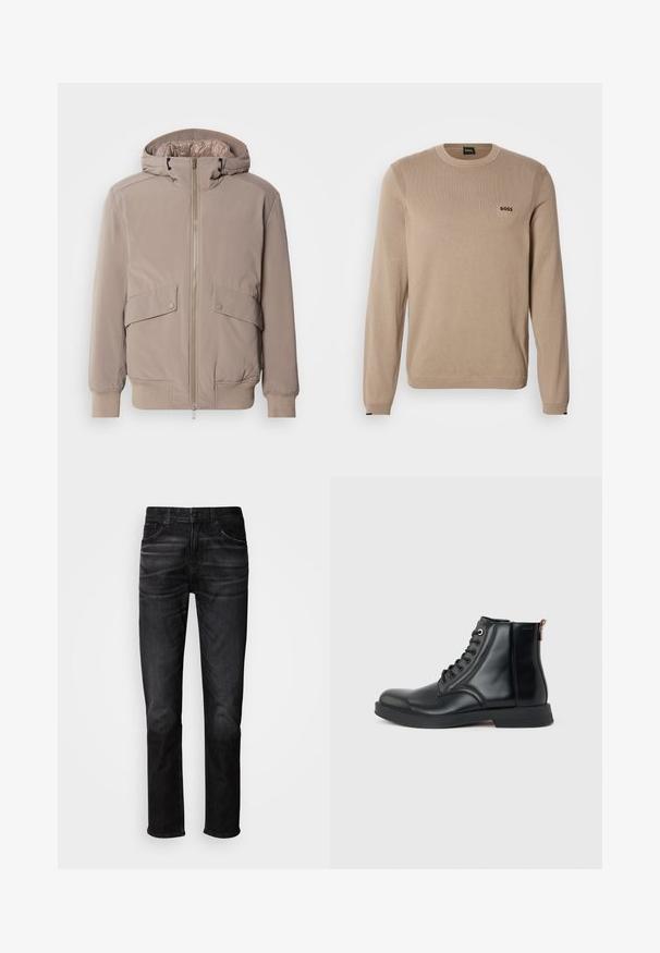 Veste bomber beige clair avec fermeture éclair à l'avant, deux poches avant et une capuche. Présente des poignets et un ourlet côtelés, finition en tissu lisse.; Pull en maille beige à manches longues, col rond, détails côtelés et petit logo noir « BOSS » sur la poitrine. Texture douce, coupe classique.; Jean en denim noir à coupe droite, conception cinq poches, légère décoloration, et fermeture par bouton. Style classique adapté pour une tenue décontractée.; Bottine en cuir noir avec laçage à l'avant, bout arrondi, semelle plate et languette à l'arrière sur un fond uni gris clair.