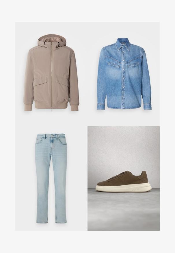 Veste bomber beige clair avec fermeture éclair à l'avant, deux poches avant et une capuche. Présente des poignets et un ourlet côtelés, finition en tissu lisse.; Chemise en denim bleu clair avec manches longues, col pointu, deux poches poitrine et fermeture boutonnée sur le devant. Comprend des boutons blancs et des coutures contrastées.; Jeans en denim bleu clair au design à jambe droite, texture douce, poches avant et motifs de décoloration subtils. Comprend une fermeture à bouton et à glissière.; Baskets en daim marron avec une semelle en caoutchouc crème, lacets plats et un logo sur le côté. Conception légère et texture lisse.