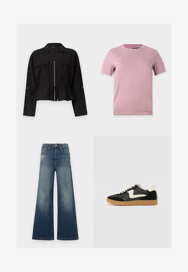 Veste noire à manches longues avec col, fermeture éclair à l’avant, deux poches poitrine avec rabats et taille ajustable par cordon.; T-shirt uni en coton rose pâle à manches courtes avec col rond, présenté sur un fond plat gris clair.; Jean en denim bleu taille haute avec jambes larges et délavé sur les cuisses, doté de poches avant et d'une fermeture à bouton en cuivre.; Baskets en daim et cuir noir avec un swoosh latéral crème et un talon crème clair. Dotées de lacets beige et d'une semelle en caoutchouc gomme.