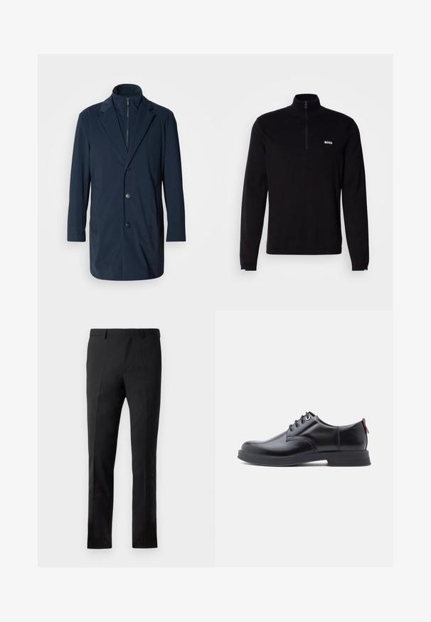 Marineblauer langer Mantel aus glattem Stoff, mit einem Reverskragen, vorderen Knöpfen und Taschen an den Seiten; modernes, maßgeschneidertes Design.; Schwarzer Langarm-Pullover mit halbem Reißverschluss am Kragen, mit Rippstruktur und weißem "BOSS"-Logo auf der Brust. Weiche Stoffverarbeitung.; Schwarze Hose mit tailliertem Schnitt, flacher Vorderseite, zwei Falten, Gürtelschlaufen und glatter Textur. Keine sichtbaren Muster oder Metallteile.; Schwarze Leder-Schnürschuhe mit glatter Textur, rundem Zehenbereich und dezenten Ziernähten. Mit einem roten Laschenband an der Ferse.