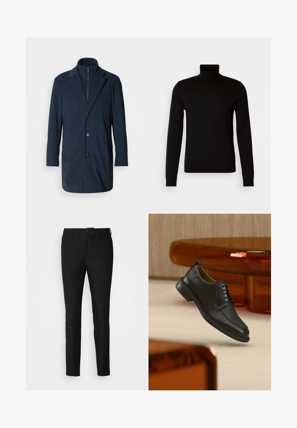 Marineblå lang frakke lavet af glat stof, med en spidset krave, frontknapper og sidelommer; moderne, skræddersyet design.; Sort turtleneck sweater lavet af et fint strikket stof, der har lange ærmer og en tætsiddende silhuet. Glat tekstur med ribbede manchetter.; Sorte bukser med slim fit, der har en knaplukning, lynlås og to forlommer. Glat stof med mat overflade.; Sort lædersko med snørebånd og tekstureret front, svævende over beige tæppe i et moderne rum med møbler i ravfarvet toning.