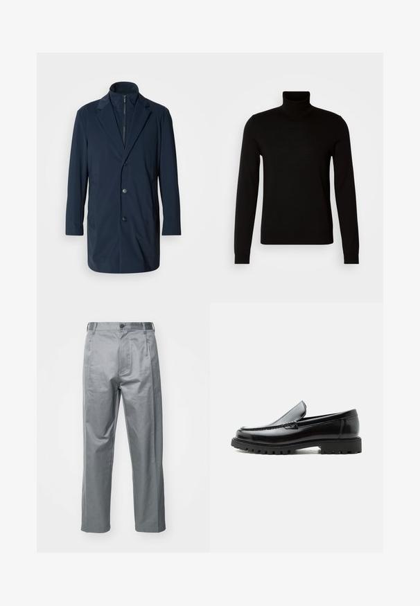 Marineblauer langer Mantel aus glattem Stoff, mit einem Reverskragen, vorderen Knöpfen und Taschen an den Seiten; modernes, maßgeschneidertes Design.; Schwarzer Rollkragenpullover aus feiner Strickware, mit langen Ärmeln und taillierter Silhouette. Glatte Textur mit gerippten Bündchen.; Graue Baumwollmischung-Hosen mit geradem Bein, ausgestattet mit einem vorderen Knopfverschluss, Gürtelschlaufen und seitlichen Taschen.; Schwarzer Lederloafer mit grober Gummisohle, genähter Oberseite und geprägtem Markennamen an der Ferse, seitlich auf weißem Hintergrund gezeigt.
