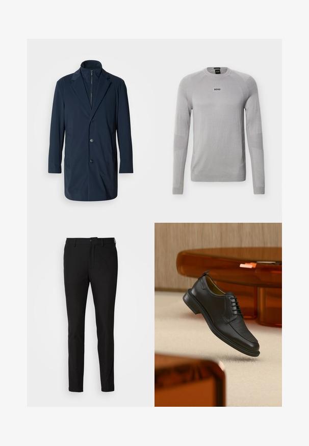 Marineblauer langer Mantel aus glattem Stoff, mit einem Reverskragen, vorderen Knöpfen und Taschen an den Seiten; modernes, maßgeschneidertes Design.; Hellgrauer Pullover mit langen Ärmeln und Rundhalsausschnitt, mit subtilen strukturierten Details und schwarzem "BOSS"-Logo mittig auf der Brust.; Schwarze Hosen mit Slim-Fit, ausgestattet mit einem Knopfverschluss, einem Reißverschluss und zwei frontalen Taschen. Glattes Material mit matter Oberfläche.; Schwarzer Leder-Schnürschuh mit texturierter Vorderseite, schwebend über beigem Teppich in einem modernen Raum mit bernsteinfarbenen Möbeln.