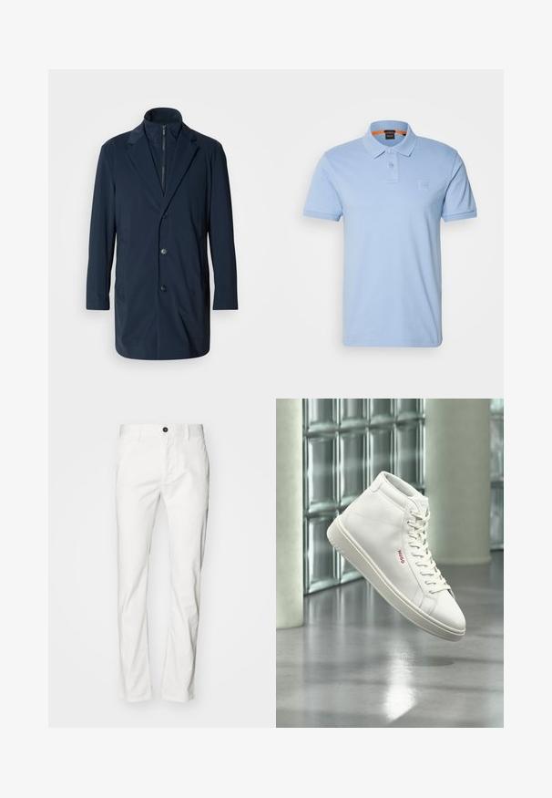 Marineblauwe lange jas van gladde stof, met een geknipte kraag, knopen aan de voorkant en zijzakken; modern, op maat gemaakt ontwerp.; Lichtblauwe polo gemaakt van katoen. Beschikt over een klassieke kraag, twee knopen en een klein logopatch op de borst. Korte mouwen.; Witte katoen broek met een rechte snit, voorzien van een knoopsluiting en zakken, zachte textuur en minimalistische stijl.; Witte hoge sneaker met veters en rood "Hugo"-logo aan de zijkant, zwevend boven een reflecterende grijze vloer in een moderne binnenomgeving.