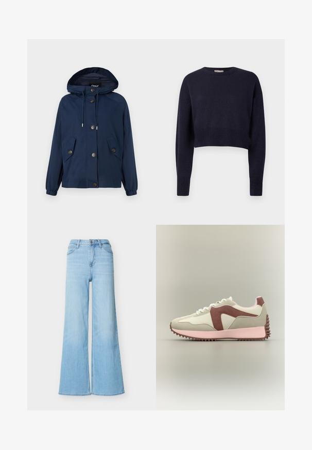 Veste bleu marine avec une capuche, des poignets élastiqués et deux poches avant. Présente une fermeture à boutons et un cordon de serrage au niveau de la capuche. Texture lisse.; Pull court bleu marine avec des manches longues, texture côtelée sur les manches et l'ourlet inférieur, et un col rond.; Jeans bleu clair taille haute à jambes larges avec fermeture à boutons et zip à l'avant, poches avant et passants pour ceinture, présentés sur un fond blanc.; Baskets avec tige blanche et beige clair, accents en suède marron, semelle intermédiaire rose et semelle extérieure texturée marron. Conception à lacets avec bout arrondi.