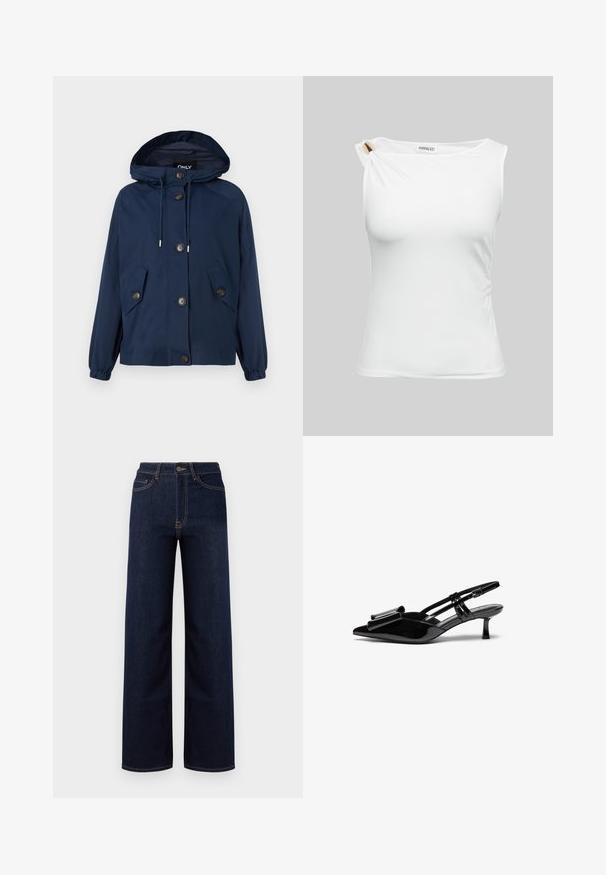 Veste bleu marine avec une capuche, des poignets élastiqués et deux poches avant. Présente une fermeture à boutons et un cordon de serrage au niveau de la capuche. Texture lisse.; Haut blanc sans manches pour femme avec un décolleté asymétrique et un détail en métal doré sur l'épaule gauche.; Jeans en denim bleu foncé à jambes larges, avec une taille haute, quatre poches et des coutures contrastantes le long des coutures.; Talons aiguilles en cuir verni noir avec un bout pointu, un détail en nœud à l'avant et un petit talon stiletto. Les brides sont équipées de boucles ajustables.