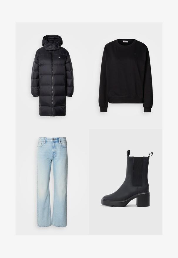 Sort pufferjakke med hætte, der har lynlås lukning, elastiske manchetter og et logo på brystet. Blød tekstur og knælangt design.; Sort sweatshirt lavet af blødt materiale, med rund hals, ribbede manchetter og et lille CK-logo på brystet. Simpelt, minimalistisk design.; Lyseblå brede jeans lavet af denim med et klassisk fem-lomme design og en subtil falmet tekstur. Denim-syninger er synlige.; Sorte ankelstøvler i glat gummimateriale, med elastiske sidepaneler, blokhæle og trækskilt øverst for nem påtagning.