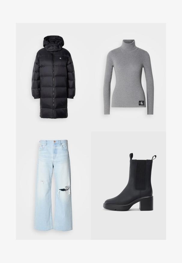 Zwarte gewatteerde jas met een capuchon, voorzien van een ritssluiting, elastische manchetten en een logo op de borst. Zachte textuur en knie-lange ontwerp.; Grijze geribbelde turtleneck trui met lange mouwen, aansluitend ontwerp en een zwart label met witte merkinitialen aan de onderkant.; Lichtblauwe wijde jeans van denim, met een hoge taille, grote scheuren bij de knieën en een klassieke vijf-pocket stijl met koperen details.; Zwarte enkellaars met een gladde rubberen materiaal, elastische zijkanten, blokhak en instaplipjes aan de bovenkant voor makkelijk aan- en uittrekken.