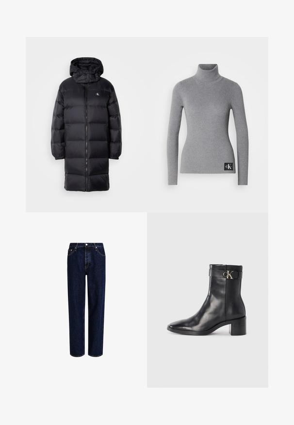 Sort pufferjakke med hætte, der har lynlås lukning, elastiske manchetter og et logo på brystet. Blød tekstur og knælangt design.; Grå ribbet turtleneck trøje med lange ærmer, tætsiddende design og et sort mærke med hvide initialer i bunden.; Mørkeblå denim jeans med lige ben-design, der har høj talje, fem-lomme-stil og kontrastsyninger. Ingen dekorationer.; Sort læder ankelstøvle med spids tå, blokhæl og en rem med en metallisk logo detalje. Glat tekstur og minimalistisk design.