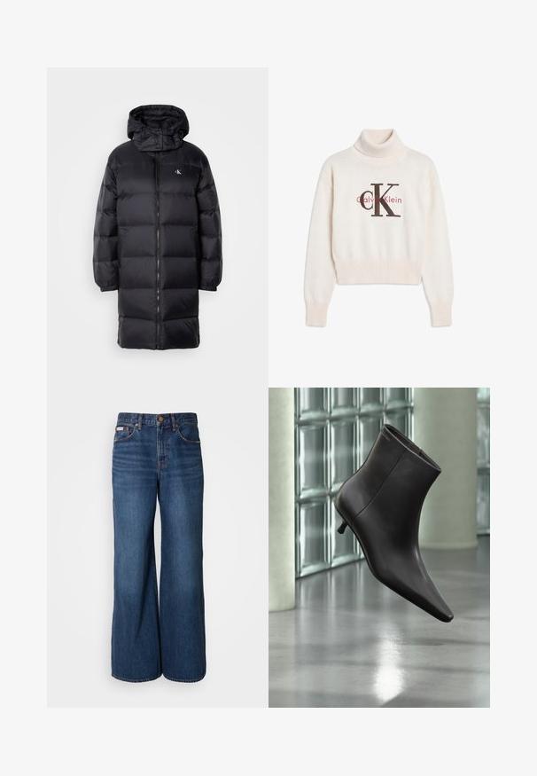 Manteau en noir matelassé avec capuche, doté d'une fermeture éclair, de poignets élastiques et d'un logo sur la poitrine. Texture douce et design long jusqu'aux genoux.; Pull col roulé couleur crème Calvin Klein avec poignets et ourlet côtelés, avec un grand logo CK noir et rouge sur le devant.; Jean large en denim bleu foncé. Les caractéristiques incluent une taille haute, cinq poches et des coutures contrastantes orange le long des coutures.; Bottine en cuir noir avec bout pointu et petit talon, présentée devant un mur en blocs de verre et un sol poli.