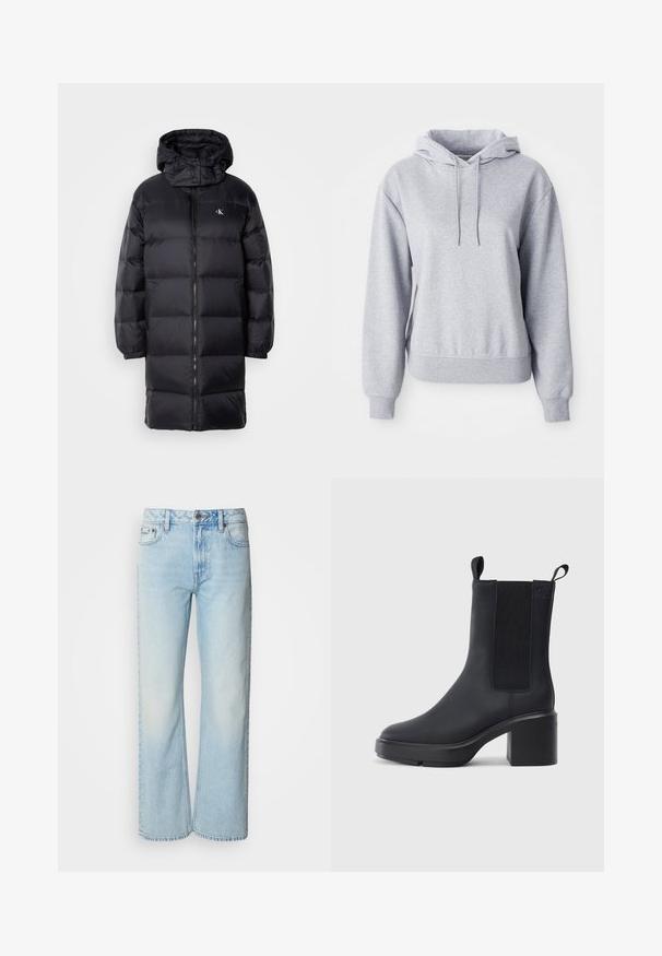Sort pufferjakke med hætte, der har lynlås lukning, elastiske manchetter og et logo på brystet. Blød tekstur og knælangt design.; Grå hoodie lavet af blødt bomuldsblandet materiale med en kengurutaske, snoretræk i hætten, ribbede ærmer og nederkant, der har diskret logo detalje.; Lyseblå brede jeans lavet af denim med et klassisk fem-lomme design og en subtil falmet tekstur. Denim-syninger er synlige.; Sorte ankelstøvler i glat gummimateriale, med elastiske sidepaneler, blokhæle og trækskilt øverst for nem påtagning.