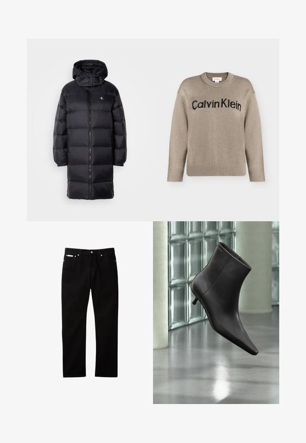 Sort pufferjakke med hætte, der har lynlås lukning, elastiske manchetter og et logo på brystet. Blød tekstur og knælangt design.; Beige strikket langærmet sweater med ribstrikkede manchetter og kant, med "Calvin Klein"-logo i sort over brystet.; Sorte denimjeans med lige ben, der har knappelukning og lynlås, fem lommer og en lille logomærkat på taljen.; Sort læderankelstøvle med spids tå og lille hæl vist mod en væg af glasblokke og poleret gulv baggrund.