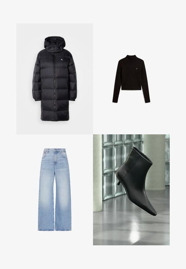 Sort pufferjakke med hætte, der har lynlås lukning, elastiske manchetter og et logo på brystet. Blød tekstur og knælangt design.; Sort ribbet langærmet rullekravetrøje med kort længde og lille Calvin Klein-logo på venstre bryst.; Lyseblå højtaljede jeans med vidde i benene, lukkes foran med knapper og lynlås, for- og baglommer samt en let slidt detalje på højre lomme.; Sort læderankelstøvle med spids tå og lav kitten-hæ, vist vinklet mod en poleret gulv- og glasblokvæg.