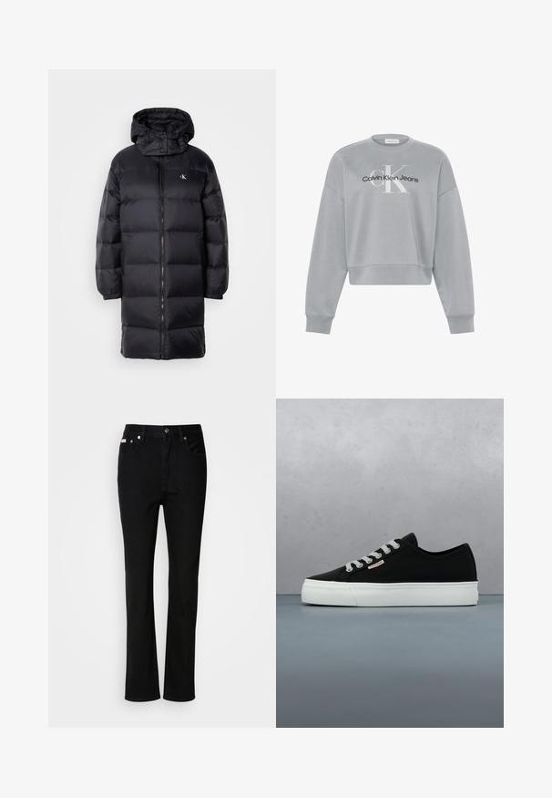 Sort pufferjakke med hætte, der har lynlås lukning, elastiske manchetter og et logo på brystet. Blød tekstur og knælangt design.; Lysegrå cropped sweatshirt med lange ærmer, der har hvid "cK" og sort "Calvin Klein Jeans" logo centreret på forsiden.; Sorte lige ben jeans med frontknap og lynlås, belteklip og fem-lomme design.; Calvin Klein Jeans FLATFORM LOGO - Sneakers - black
