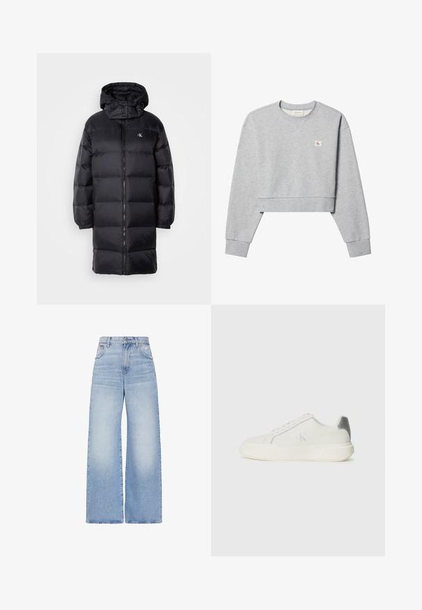 Zwarte gewatteerde jas met een capuchon, voorzien van een ritssluiting, elastische manchetten en een logo op de borst. Zachte textuur en knie-lange ontwerp.; Lichtgrijze cropped sweatshirt met lange mouwen, ronde hals en klein rood-wit Calvin Klein-logo op de linkerborst.; Lichtblauwe high waist jeans met wijde pijpen, voorzien van een knoop- en ritssluiting aan de voorkant, zakken aan de voor- en achterkant, en een lichte distressed uitvoering op de rechterzak.; Witte sneaker van leer met een gladde textuur, featuring een zilveren accent op de hiel, een platte zool en een minimalistisch ontwerp.