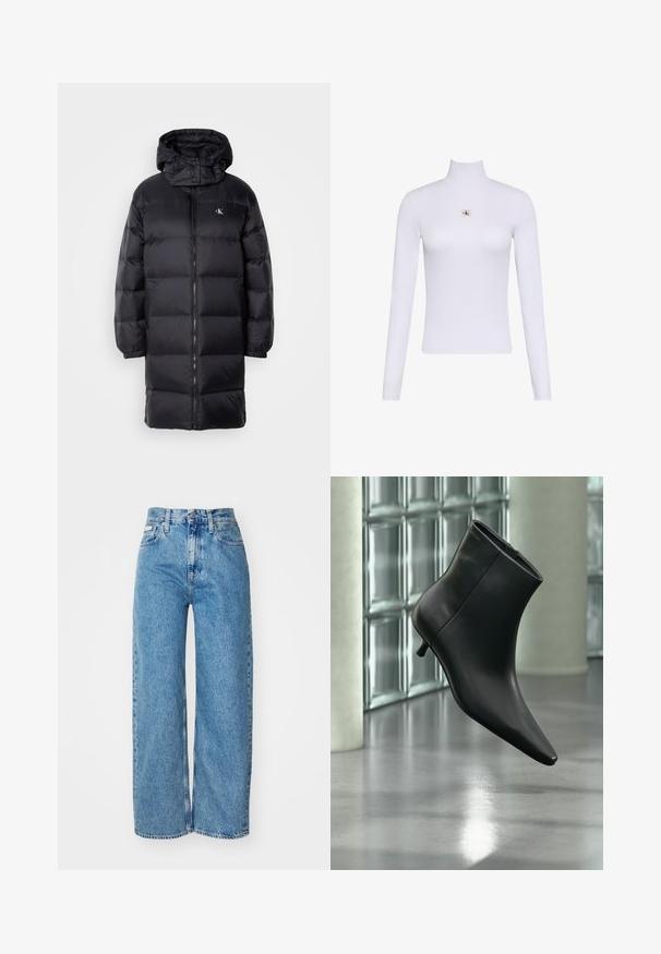 Manteau en noir matelassé avec capuche, doté d'une fermeture éclair, de poignets élastiques et d'un logo sur la poitrine. Texture douce et design long jusqu'aux genoux.; Haut blanc à manches longues avec col roulé et petit écusson du logo Calvin Klein centré sur la poitrine.; Jean large en denim bleu clair avec taille haute, ourlet effiloché et design à cinq poches. La texture usée ajoute de la profondeur au tissu.; Bottine en cuir noir à bout pointu et petit talon kitten, présentée en angle devant un sol poli et un mur en blocs de verre.