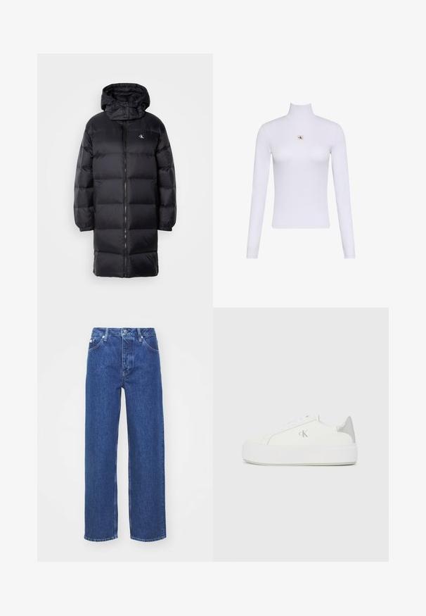 Sort pufferjakke med hætte, der har lynlås lukning, elastiske manchetter og et logo på brystet. Blød tekstur og knælangt design.; Hvid langærmet rullekravetrøje med en lille Calvin Klein logo lap placeret centralt på brystet.; Blå denim bred-benede jeans med høj talje, med lynlås og knaplukning, bæltestropper og subtilt falmet detaljer på stoffet.; Hvide lærredssneakers med en tyk hvid sål, prydet med en metallic sølvaccent på hælen og en diskret logo-detalje på siden.