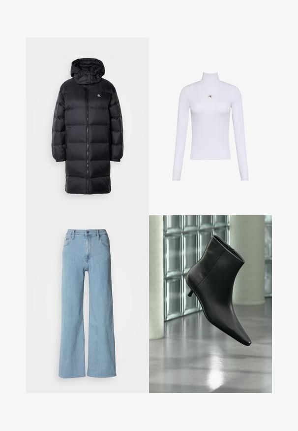 Sort pufferjakke med hætte, der har lynlås lukning, elastiske manchetter og et logo på brystet. Blød tekstur og knælangt design.; Hvid langærmet rullekravetrøje med en lille Calvin Klein logo lap placeret centralt på brystet.; Lyseblå vidde jeans lavet af denim, med en tætsiddende talje, fem-lomme design og subtile syningsdetaljer.; Sort læderankelstøvle med spids tå og lav kitten-hæ, vist vinklet mod en poleret gulv- og glasblokvæg.