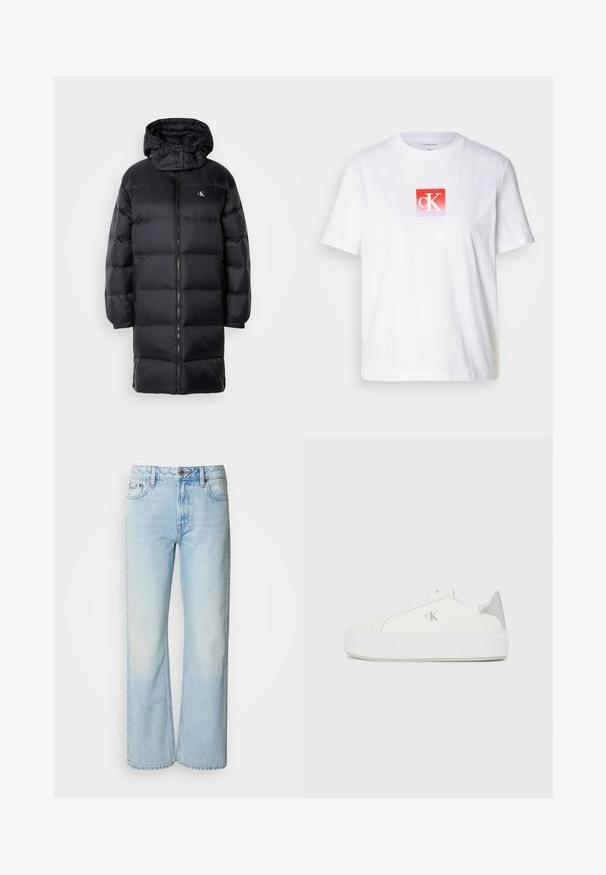 Zwarte gewatteerde jas met een capuchon, voorzien van een ritssluiting, elastische manchetten en een logo op de borst. Zachte textuur en knie-lange ontwerp.; Witte katoenen T-shirt met een rood vierkant logo met de letters "cK" in het wit. Korte mouwen en een ronde halslijn. Gladde textuur.; Lichtblauwe wijde jeans van denim, voorzien van een klassiek vijf-pocket ontwerp en een subtiele vervaagde textuur. Denimstiksels zijn zichtbaar.; Witte canvas sneakers met een dikke witte zool, voorzien van een metallic zilveren accent op de hiel en een subtiel logo detail aan de zijkant.