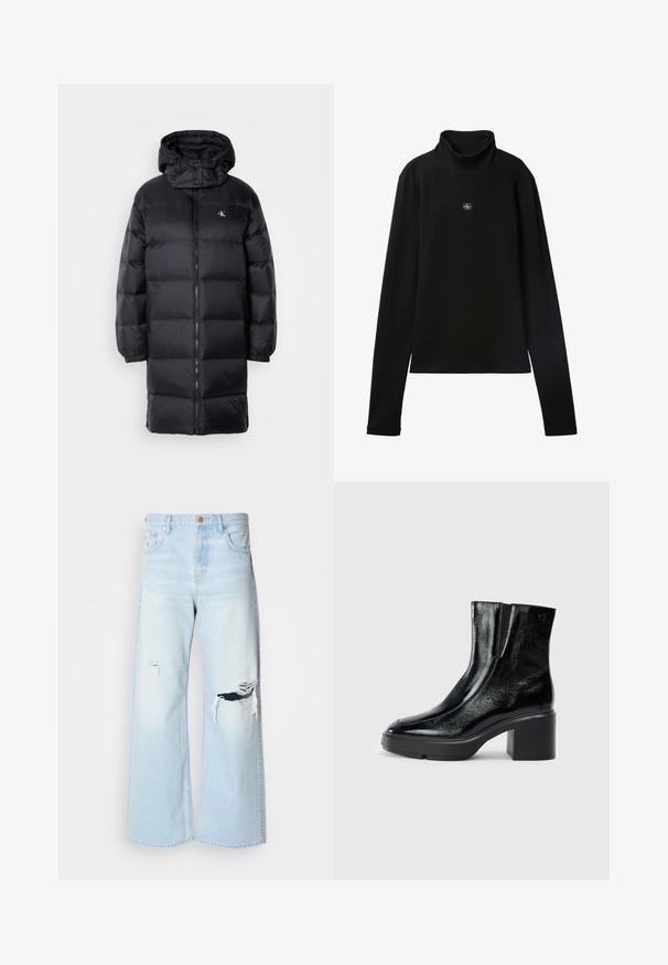 Sort pufferjakke med hætte, der har lynlås lukning, elastiske manchetter og et logo på brystet. Blød tekstur og knælangt design.; Sort ribstrikket bluse med lange ærmer og lille firkantet Calvin Klein-logo placeret centralt på brystet.; Lyseblå brede jeans lavet af denim, med høj talje, store revner ved knæene og et klassisk fem-lomme design med kobberhardware.; Sorte patenterede læderankelstøvler med en buet tå, elastiske sidepaneler og en kraftig blokhæl. Har et præget logo på bagsiden.