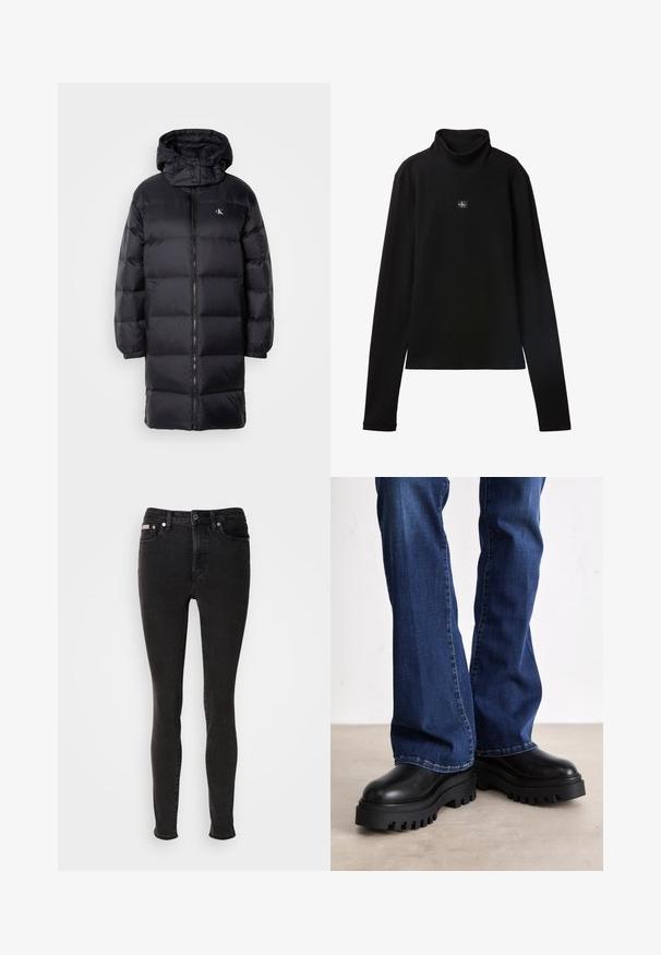 Zwarte gewatteerde jas met een capuchon, voorzien van een ritssluiting, elastische manchetten en een logo op de borst. Zachte textuur en knie-lange ontwerp.; Zwarte geribde coltrui met lange mouwen en een klein vierkant Calvin Klein-logo midden op de borst.; Zwarte skinny jeans van denim met een gladde textuur, voorzien van een ontwerp met vijf zakken, riemlussen en metalen knoopsluiting.; Chunky zwarte platformlaarzen met gestructureerde rubberen zolen, een ronde neus en een glad leren bovenwerk, gecombineerd met blauwe flared jeans.