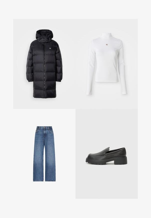 Zwarte gewatteerde jas met een capuchon, voorzien van een ritssluiting, elastische manchetten en een logo op de borst. Zachte textuur en knie-lange ontwerp.; Witte turtleneck met lange mouwen, gemaakt van ribbelstof. Bevat een klein geborduurd logo in het midden. Aansluitend ontwerp zonder patronen.; Blauwe high-waist wijde jeans met knoop en rits aan de voorkant, met riemlussen en klassiek ontwerp met vijf zakken.; Zwarte leren instappers met een ronde neus, dikke getextureerde zool en minimale stikseldetails. Strak ontwerp zonder zichtbare veters of hardware.