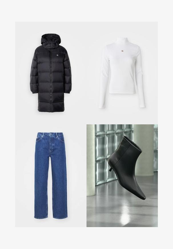 Zwarte gewatteerde jas met een capuchon, voorzien van een ritssluiting, elastische manchetten en een logo op de borst. Zachte textuur en knie-lange ontwerp.; Witte turtleneck met lange mouwen, gemaakt van ribbelstof. Bevat een klein geborduurd logo in het midden. Aansluitend ontwerp zonder patronen.; Blauwe denim wijde benen jeans met een hoge taille, voorzien van een rits en knoopsluiting, riemlussen en subtiele vervagingdetails op de stof.; Zwarte leren enkellaars met spits toelopende neus en lage kittenhak, schuin weergegeven tegen een gepolijste vloer en een glazen blokken muur als achtergrond.