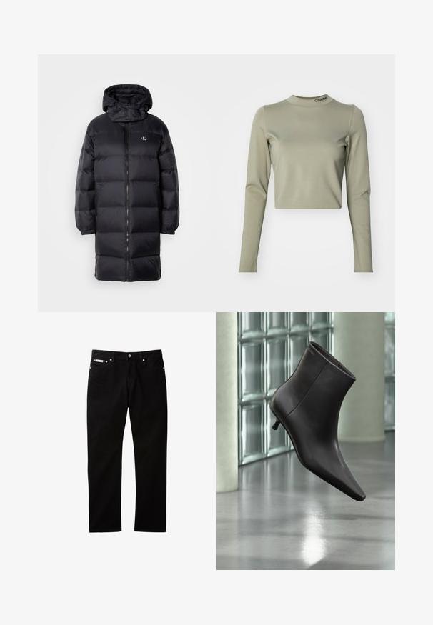 Manteau en noir matelassé avec capuche, doté d'une fermeture éclair, de poignets élastiques et d'un logo sur la poitrine. Texture douce et design long jusqu'aux genoux.; Haut à manches longues coupé, en vert olive clair, fabriqué en tissu stretch lisse, avec un col haut et un logo Calvin Klein au col.; Jean en denim noir à coupe droite, doté d'une fermeture par bouton et zip, de cinq poches, et d'une petite étiquette logo sur la ceinture.; Bottine en cuir noir avec bout pointu et petit talon, présentée devant un mur en blocs de verre et un sol poli.
