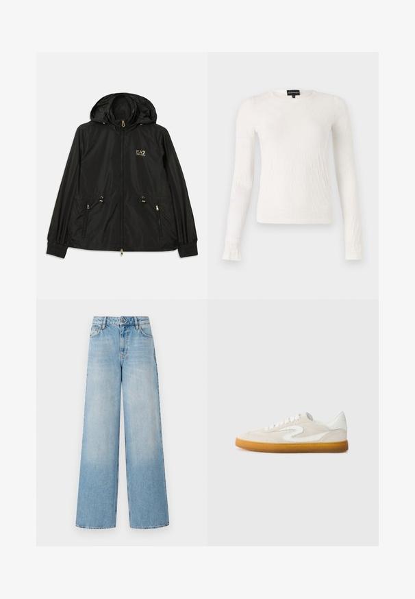 Veste noire à capuche en matériau léger et brillant. Dotée de accessoires dorés, de deux poches avant et de poignets élastiques pour un ajustement confortable.; Haut à manches longues blanc avec un motif texturé tissé. Encolure ronde et design ajusté. Tissu doux avec un léger éclat.; Jean large bleu clair à taille haute, avec un dégradé sur les jambes, des passants de ceinture, et une fermeture traditionnelle à bouton en métal et à fermeture éclair.; Baskets en daim beige avec des accents en cuir blanc, semelle en caoutchouc naturel et bout rond. Présente un design distinct en forme de virgule sur le côté.
