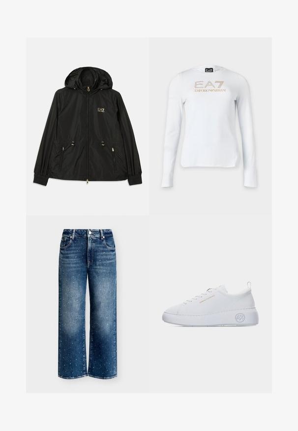 Sort hættejakke lavet af letvægts, skinnende materiale. Har guldhardware, to forlommer og elastiske manchetter for en tætsiddende pasform.; Hvid langærmet skjorte med gyldent EA7 Emporio Armani-logo og lille ørneemblem foran i midten.; Wide-leg blå jeans med falmet vask og små hvide, rhinsten-lignende nitter spredt ud over stoffet, fem-lomme-design og bæltestropper.; Hvid lavt snøret sneaker med tyk sål, guld "Armani Exchange" tekst på siden og "AX" logo præget på hælområdet.