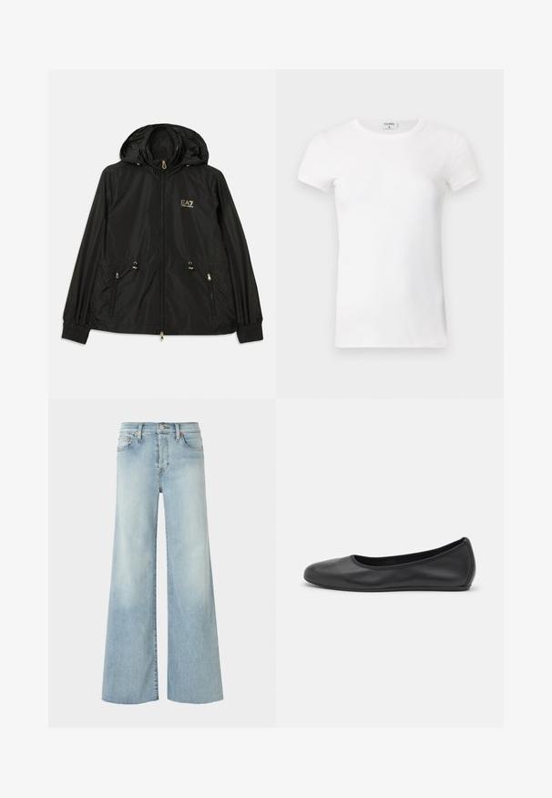 Zwarte hoodiejas van lichtgewicht glanzend materiaal. Voorzien van gouden hardware, twee voorzakken en elastische manchetten voor een goede pasvorm.; Wit geribd T-shirt met korte mouwen en een ronde hals. De stof lijkt glad met een getailleerde pasvorm. Logo zichtbaar op de kraag.; RE/DONE MID RISE PALAZZO - Relaxed fit jeans - blue denim; Zwarte leren ballerina met een ronde neus, gladde textuur, minimale stikdetails en een flexibele zoolontwerp.