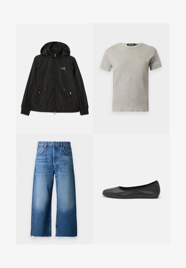 Veste noire à capuche en matériau léger et brillant. Dotée de accessoires dorés, de deux poches avant et de poignets élastiques pour un ajustement confortable.; T-shirt en coton gris clair à manches courtes et col rond avec une étiquette noire visible à l'intérieur du col indiquant "DENIM" et la taille "S."; Jean en denim bleu clair à jambes larges avec un ourlet effiloché, conçu avec cinq poches et une fermeture à bouton à la taille.; Ballerines en cuir noir avec un bout rond, texture lisse, détails de couture minimalistes et design de semelle flexible.