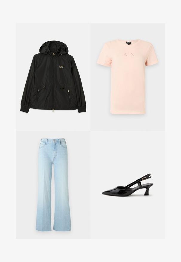 Veste noire à capuche en matériau léger et brillant. Dotée de accessoires dorés, de deux poches avant et de poignets élastiques pour un ajustement confortable.; T-shirt à manches courtes rose clair avec logo A|X en petite police discrète centré sur la poitrine, col ras du cou et design simple.; Jean bleu clair taille haute à jambes larges avec bouton devant, fermeture éclair et poches, présenté sur un fond blanc uni.; Chaussure slingback en cuir verni noir à petit talon, bout pointu et bride réglable avec boucle dorée sur fond blanc.