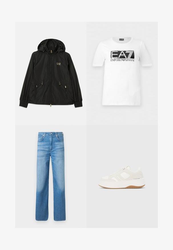 Veste noire à capuche en matériau léger et brillant. Dotée de accessoires dorés, de deux poches avant et de poignets élastiques pour un ajustement confortable.; T-shirt blanc à manches courtes avec logo "EA7" en sequins noirs et blancs et texte "Emporio Armani" en dessous sur la poitrine.; Jean bleu clair à jambes droites avec légère décoloration sur les cuisses, poches avant, passants de ceinture et fermeture boutonnée à la taille.; Baskets compensées blanches et beige avec lacets à l'avant, semelle en gomme, branding sur le côté et détails de panneaux cousus.
